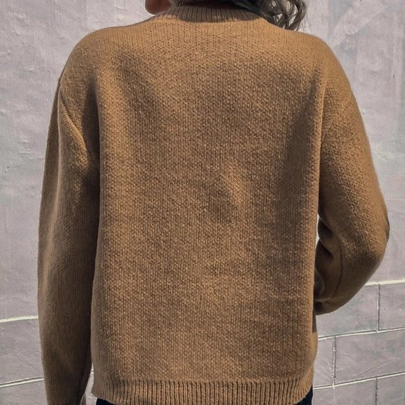 Khaki Cat Print  Drop Shoulder Knit Sweater Top - Picture 3 of 4